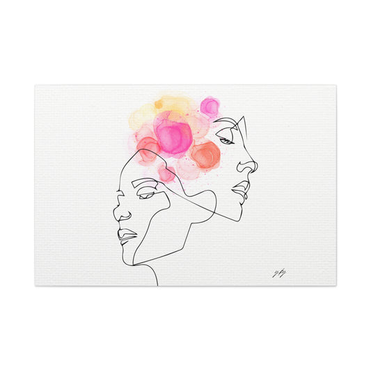 Artistic line drawing of a face with colorful flowers on a white background