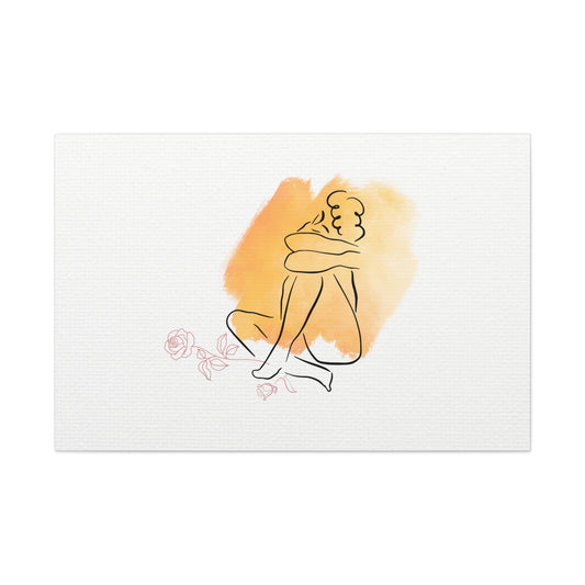 Minimalist line art of a couple embracing with an orange splash on a white background