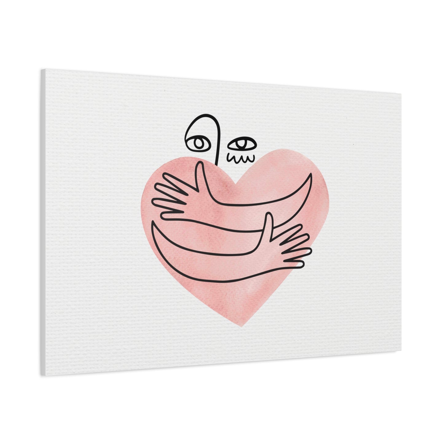 Canvas print with a pink heart and black line art hands on a white background