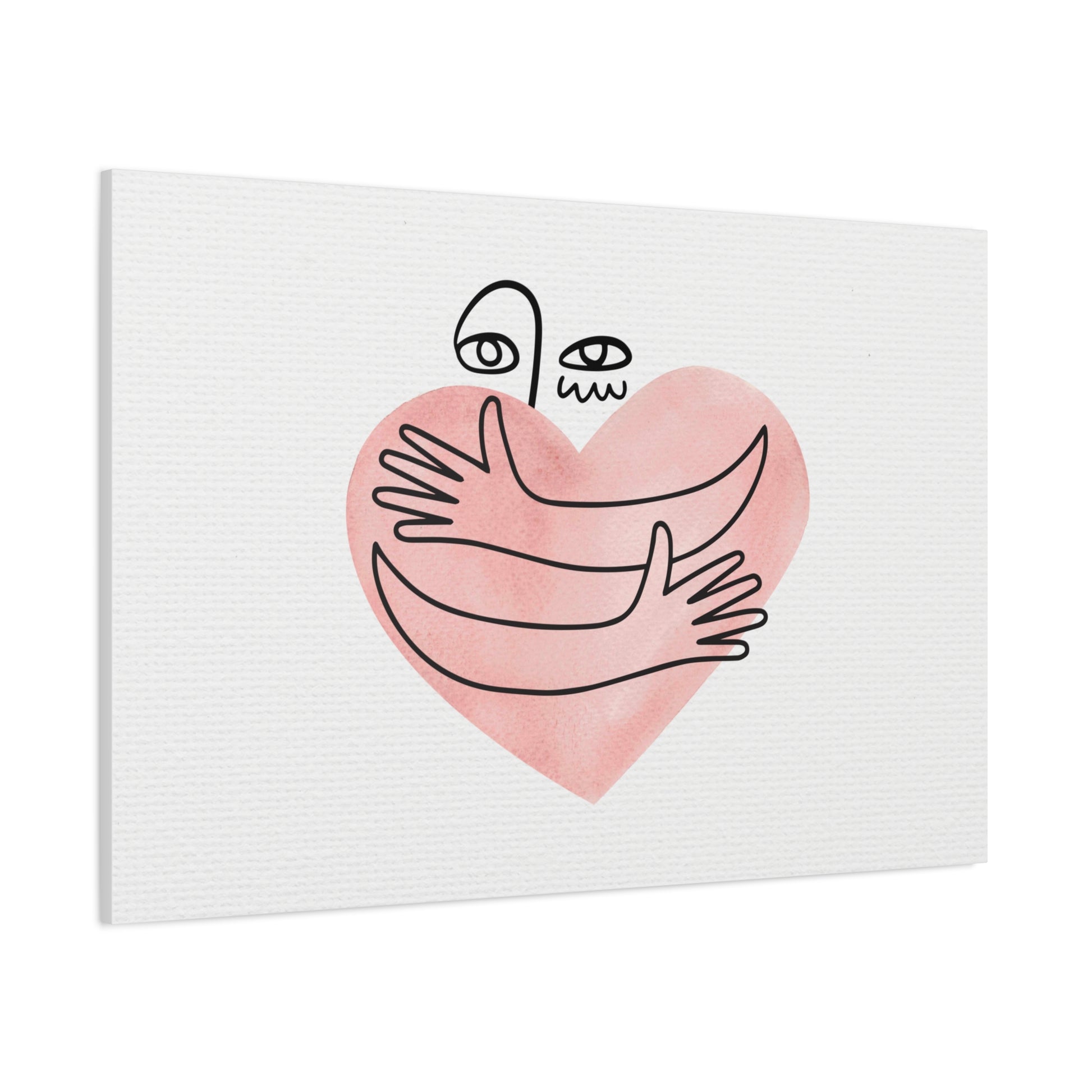Canvas print with a pink heart and black line art hands on a white background