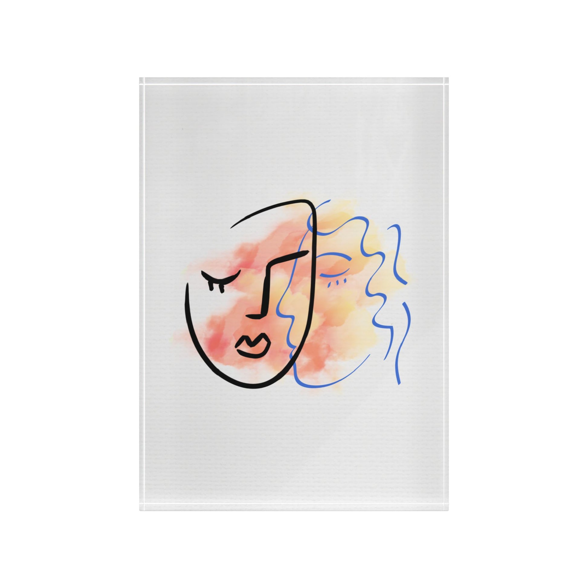 Framed abstract artwork of a face with watercolor textures on a white background