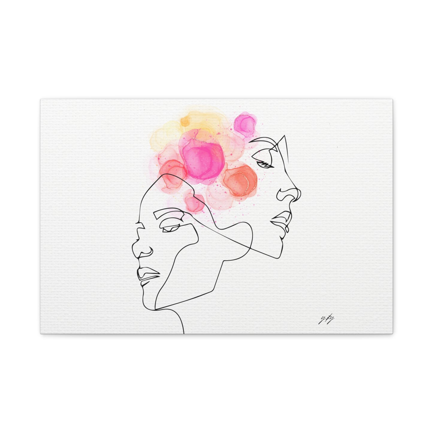 Artistic line drawing of a face with colorful watercolor flowers on a white background