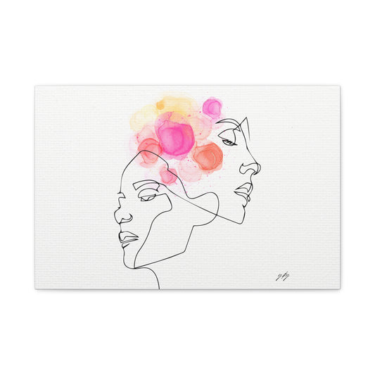 Artistic line drawing of a face with colorful watercolor flowers on a white background