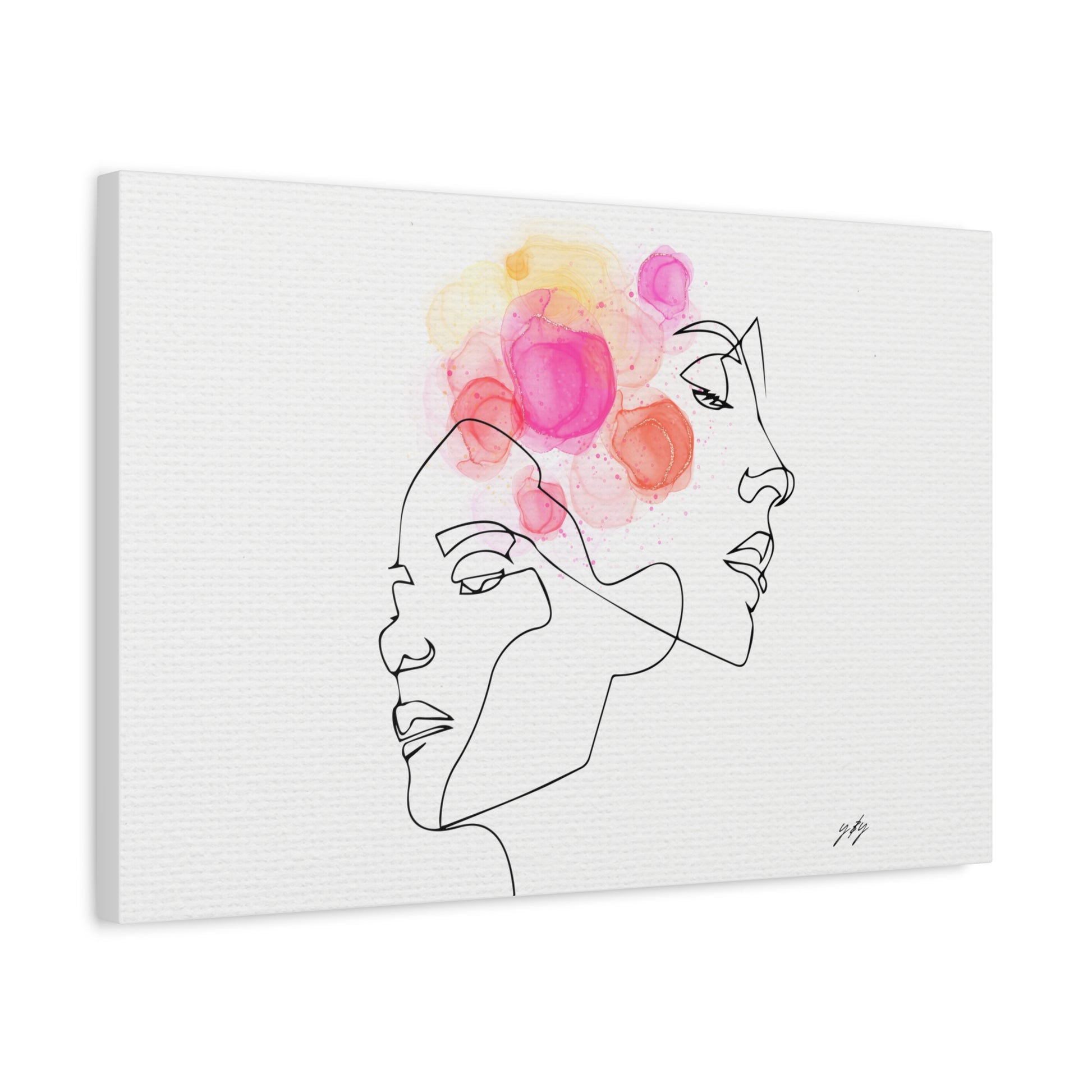 Abstract artwork of two faces with colorful flowers on a white background