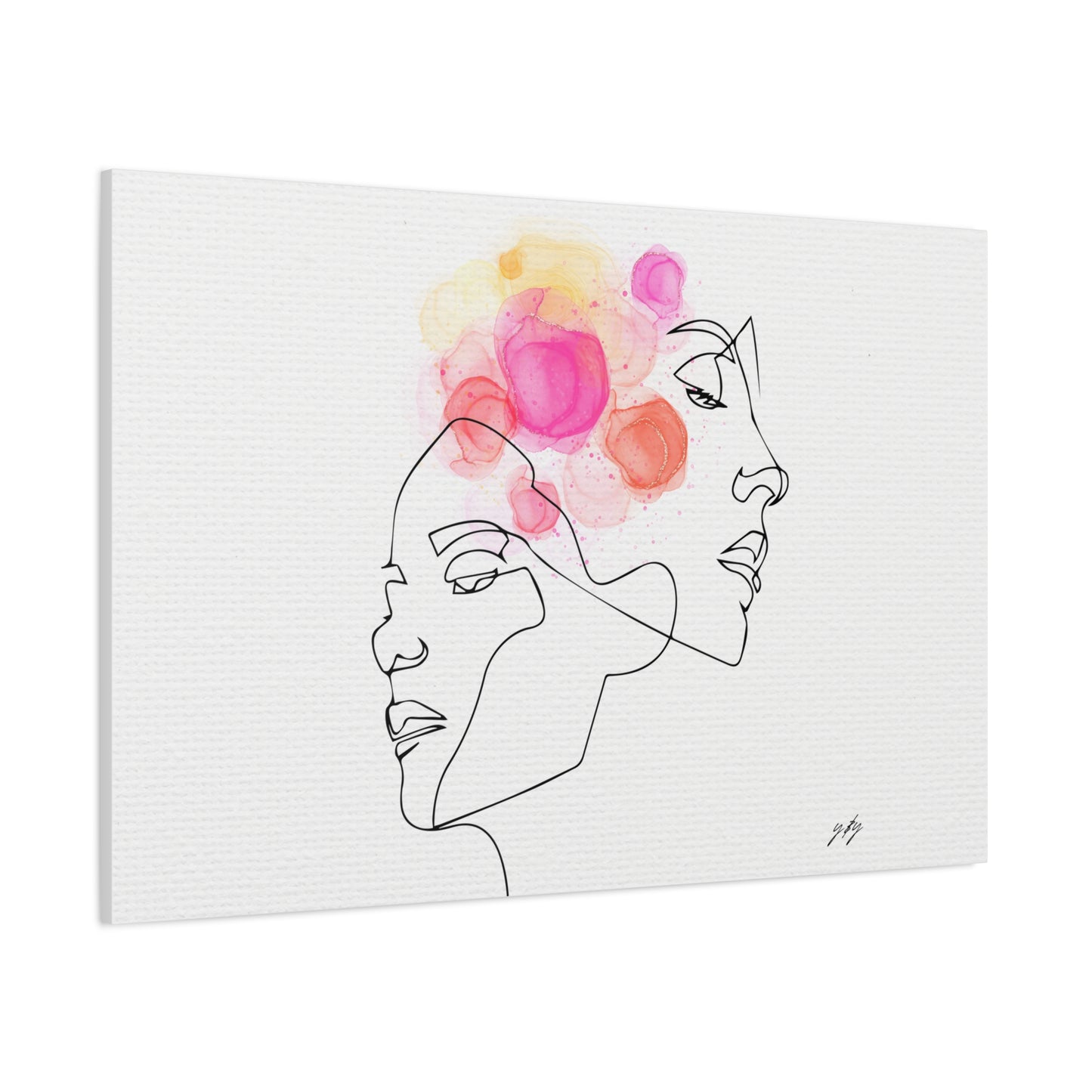 Abstract artwork of two faces with watercolor flowers on a white background