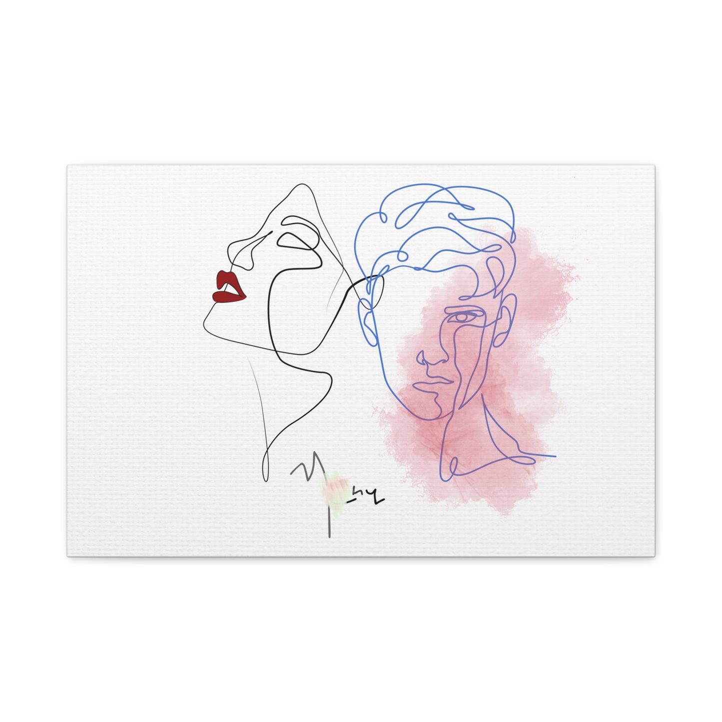 Abstract line art of a woman's face with red lips and a man's head with pink background on a white card.