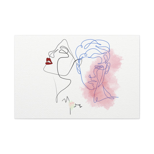 Artistic line drawings of a woman and a man with abstract elements on a white background