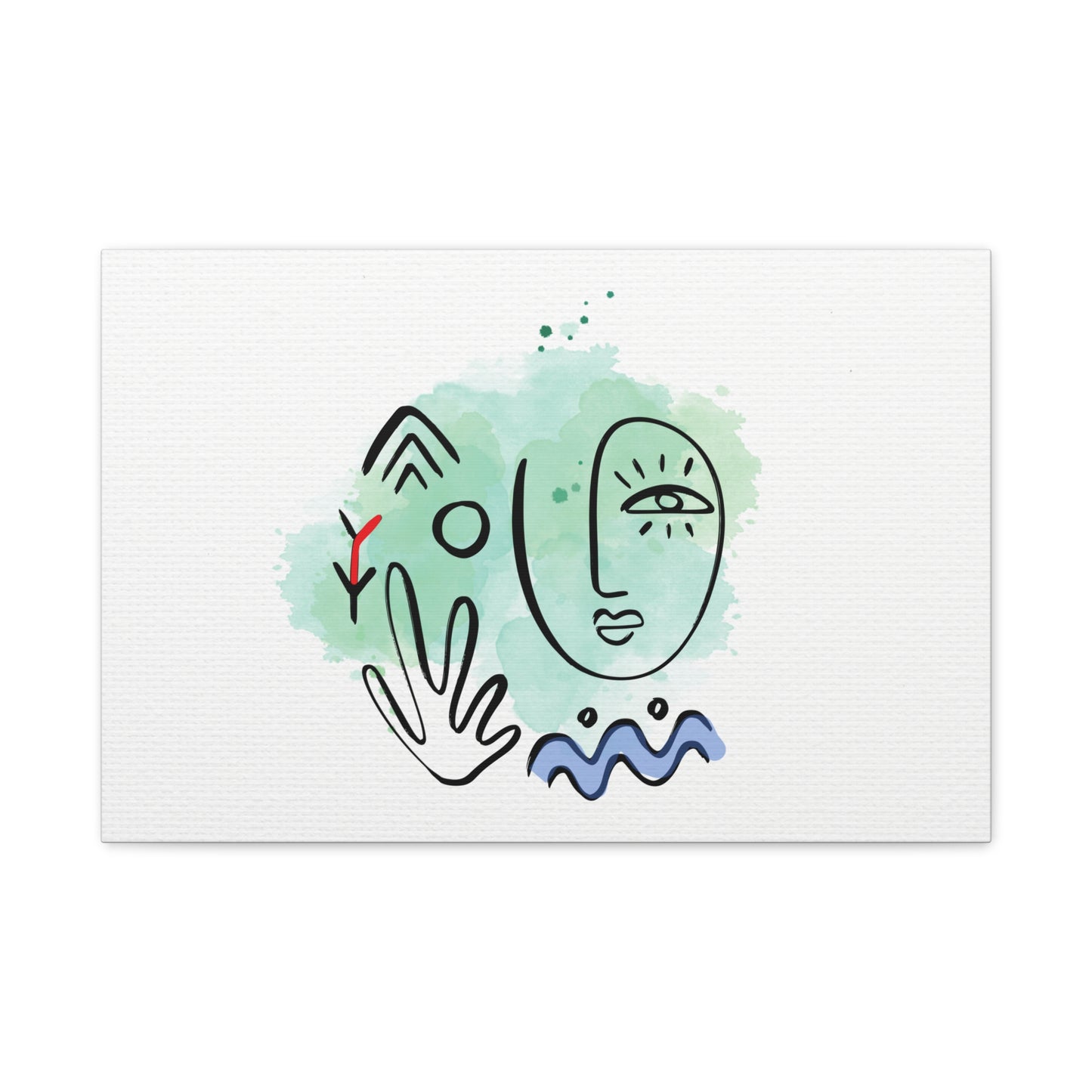Abstract face design with green watercolor background on a white card