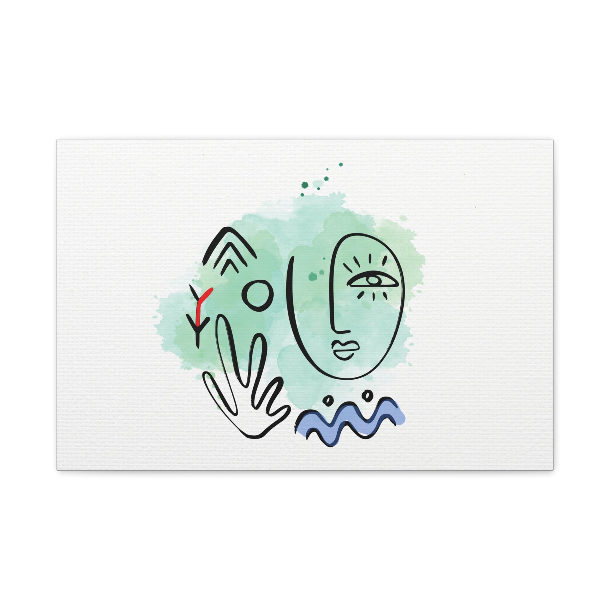 Abstract face design with green watercolor background on a white card