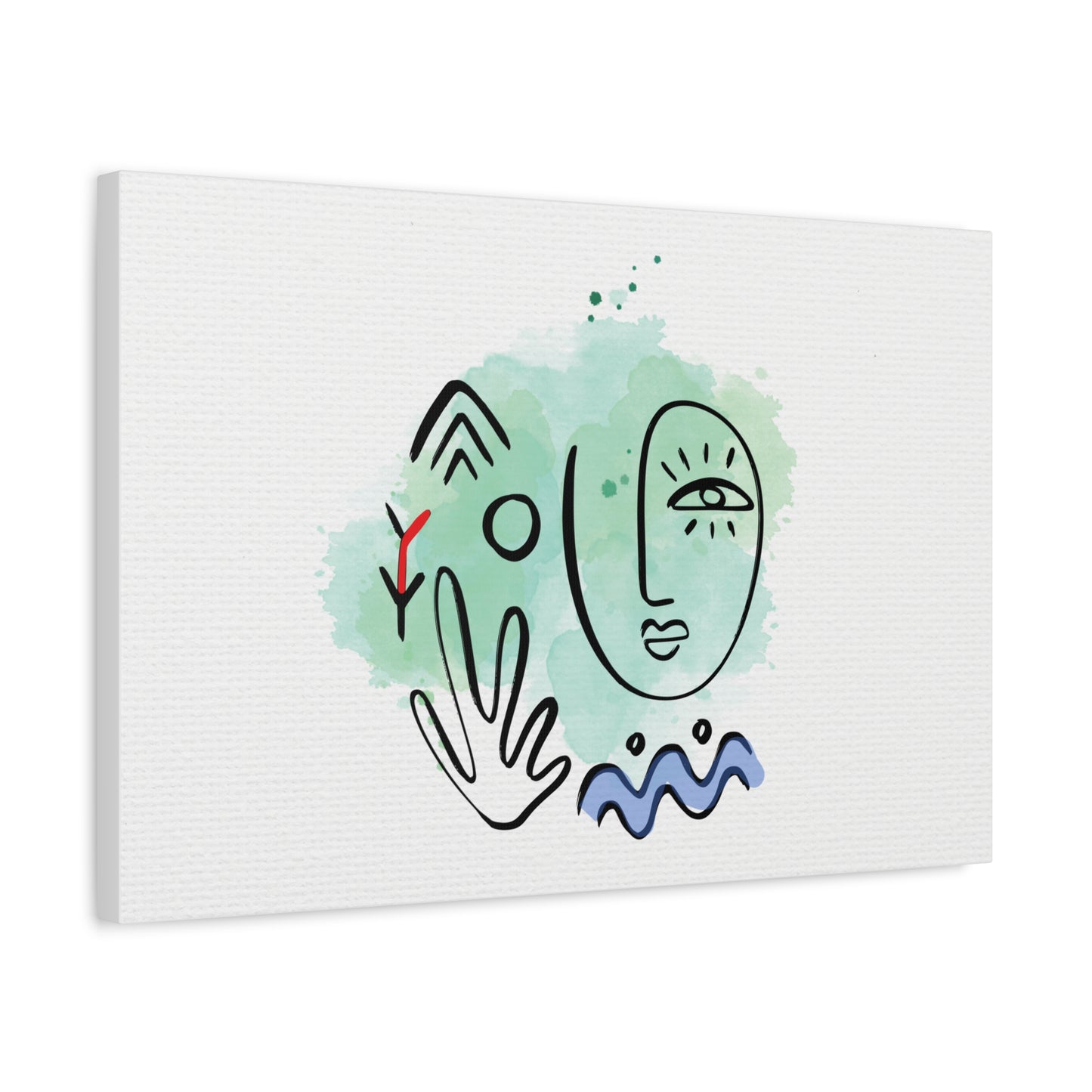 Abstract artwork with face and hand shapes on a green watercolor background