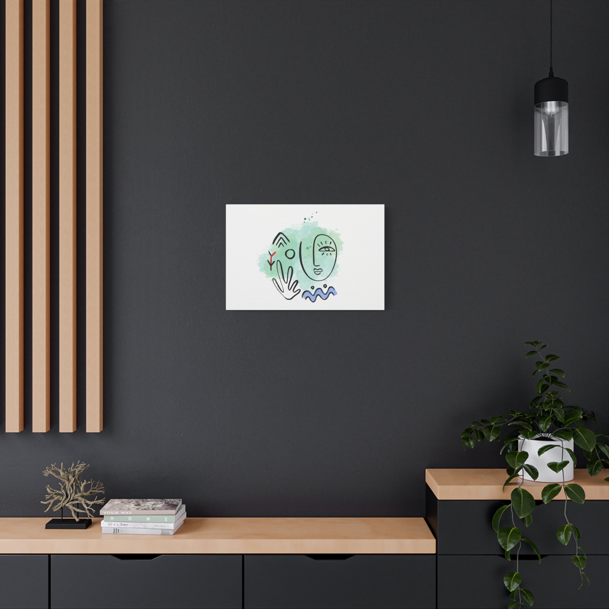 Framed artwork on a dark wall with wooden shelves and decor