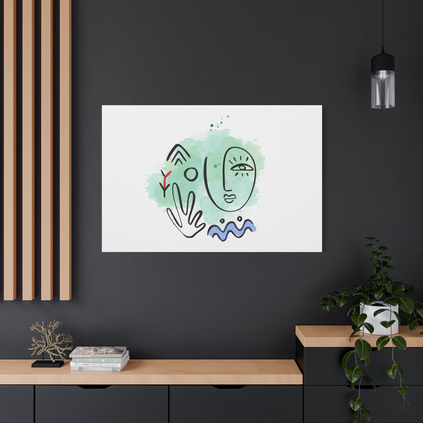 Framed abstract artwork on a dark wall with wooden shelves and decor.