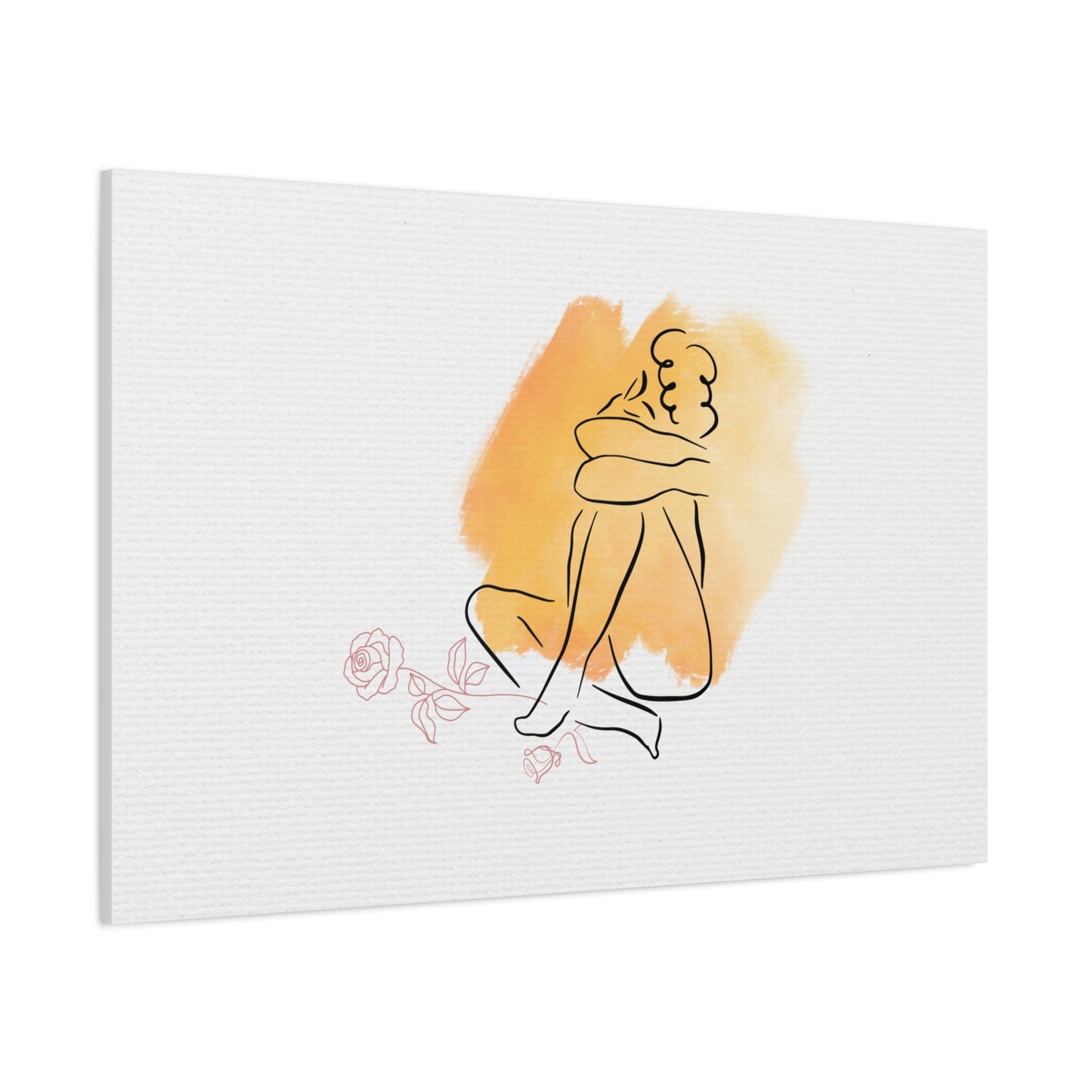 Canvas print with a minimalist line drawing of a couple embracing on an orange background, with a small rose below.
